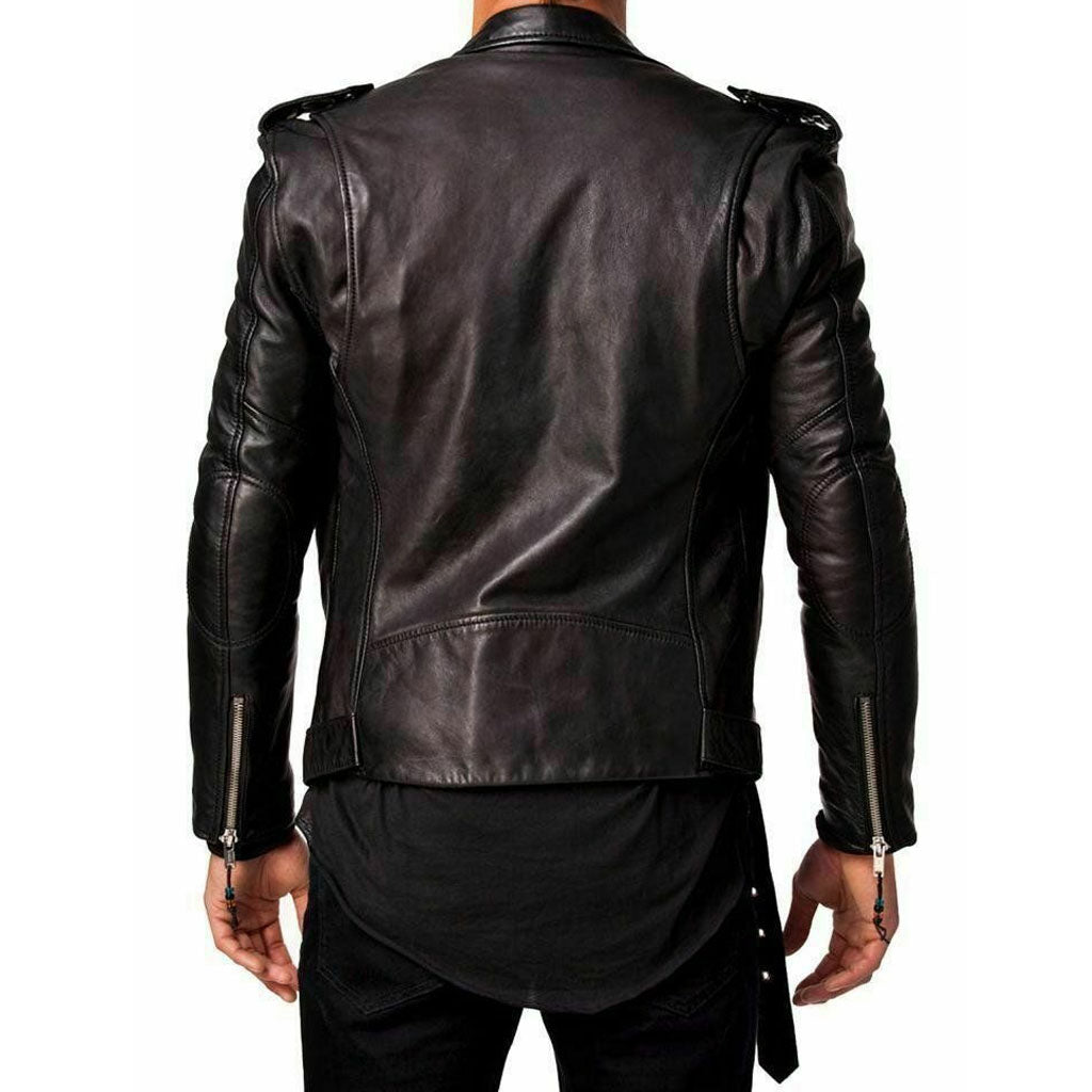 Mens leather biker clearance jacket slim fit