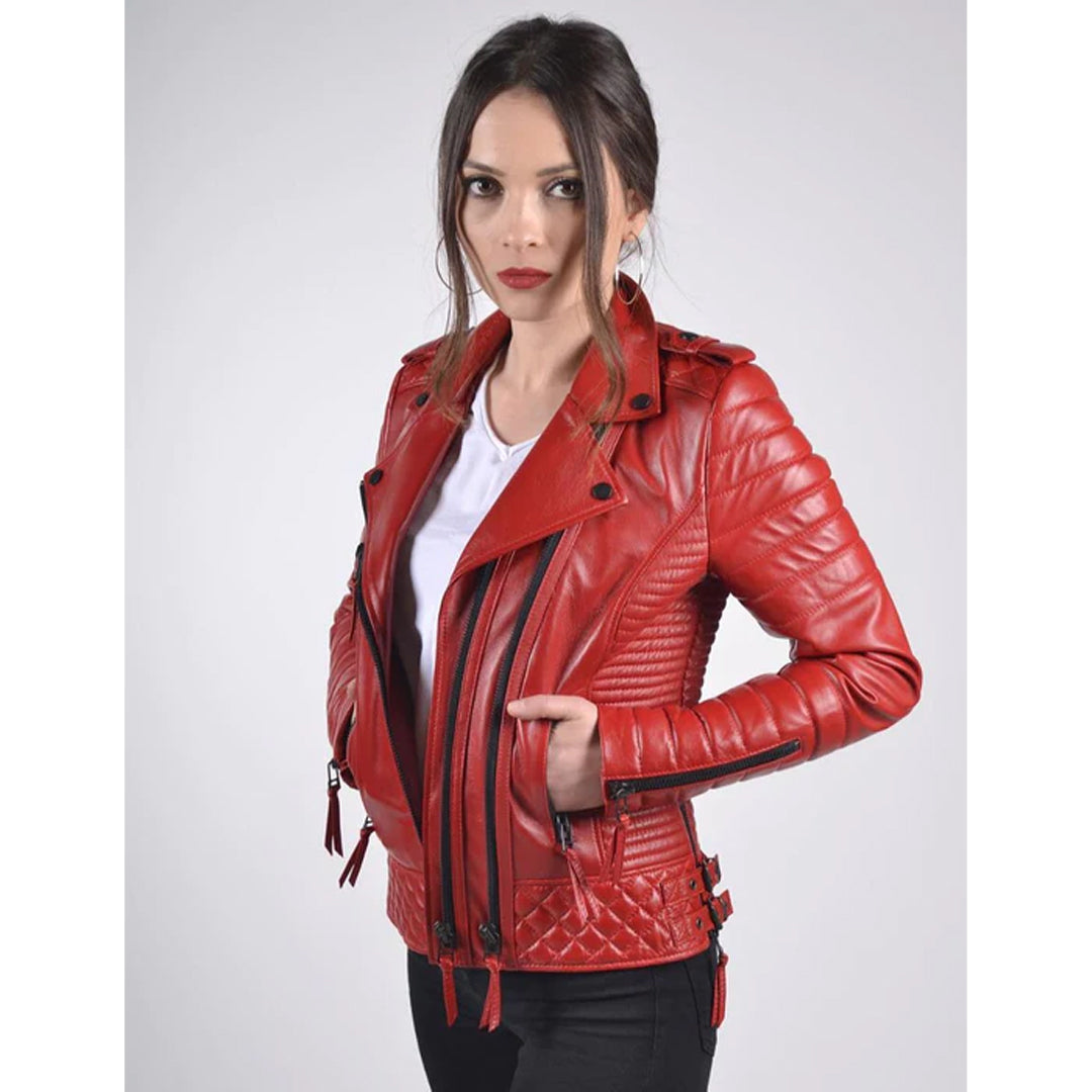 Women`s Red Biker Leather Jacket