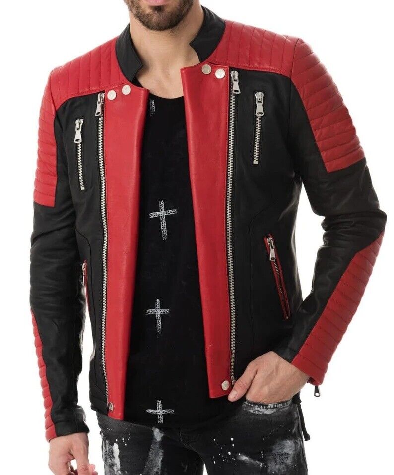 Mens Red Black Stylish Biker Motorcycle Jacket