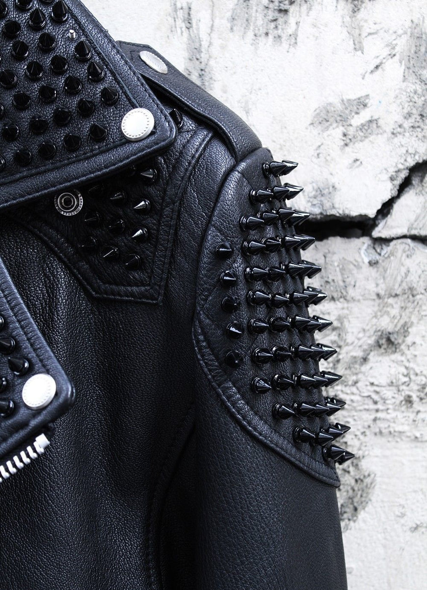 Men's Genuine Leather Full Punk Black Metal Spiked Studded Motorcycle ...