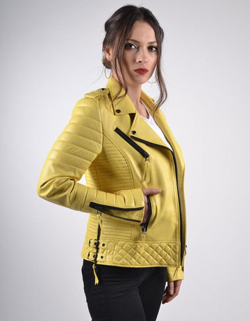 Women`s Yellow Biker Leather Jacket