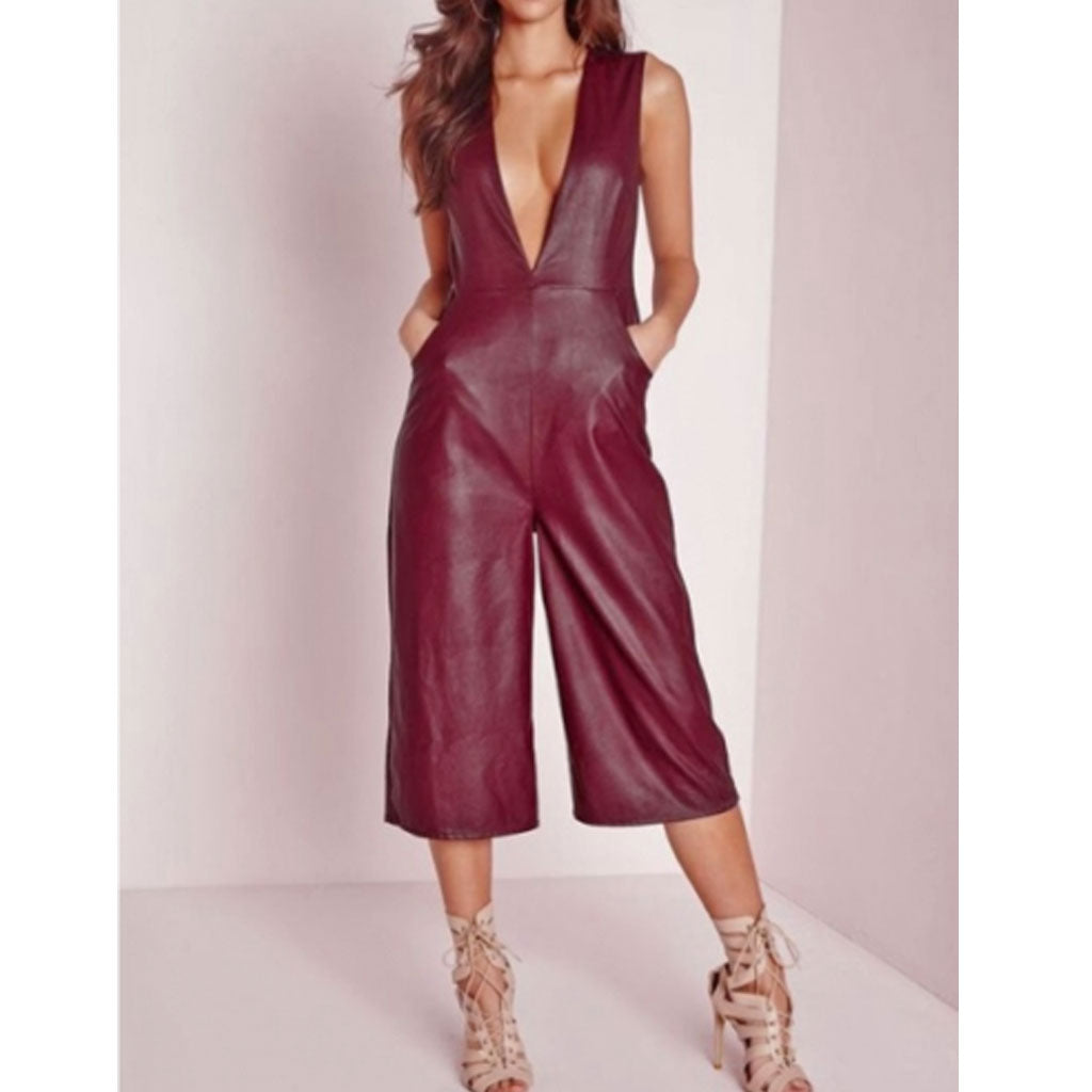 Women Genuine Soft Leather Burgundy Romper Leather Cat suit Short Deep V Culottes - Luxurena Leather