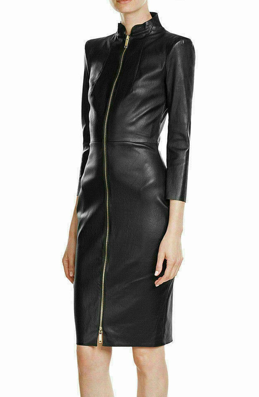 Stylist Bodycon Front Zip Women Soft Real Genuine Formal Dress - Luxurena Leather