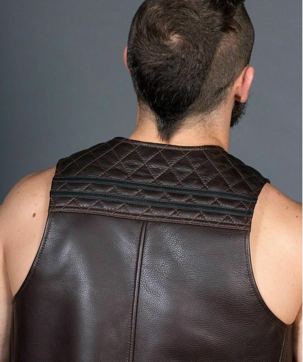 SPORT QUILTED BAR VEST Genuine Leather Contrast Stitching Cropped Men - Luxurena Leather