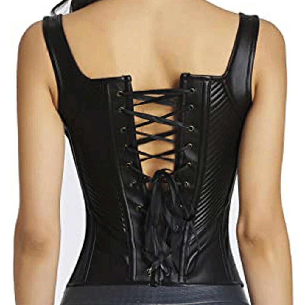 Womens Leather Top Halter Steel Boned Vest Steampunk Black Top Buckle up Corset - Luxurena Leather