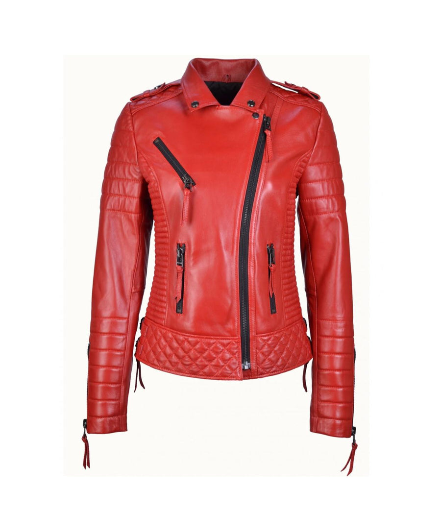 Women`s Red Biker Leather Jacket