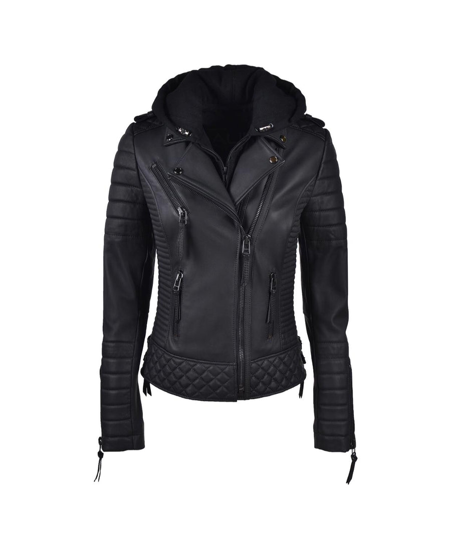 Women's Hooded Black Biker Leather Jacket