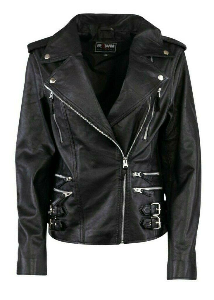 Womens Slim Fit Motorcycle Black Leather Biker Jacket - LuxurenaMall