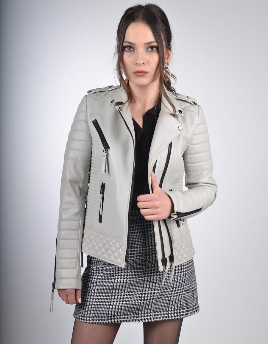 Women`s Beige Biker Leather Jacket