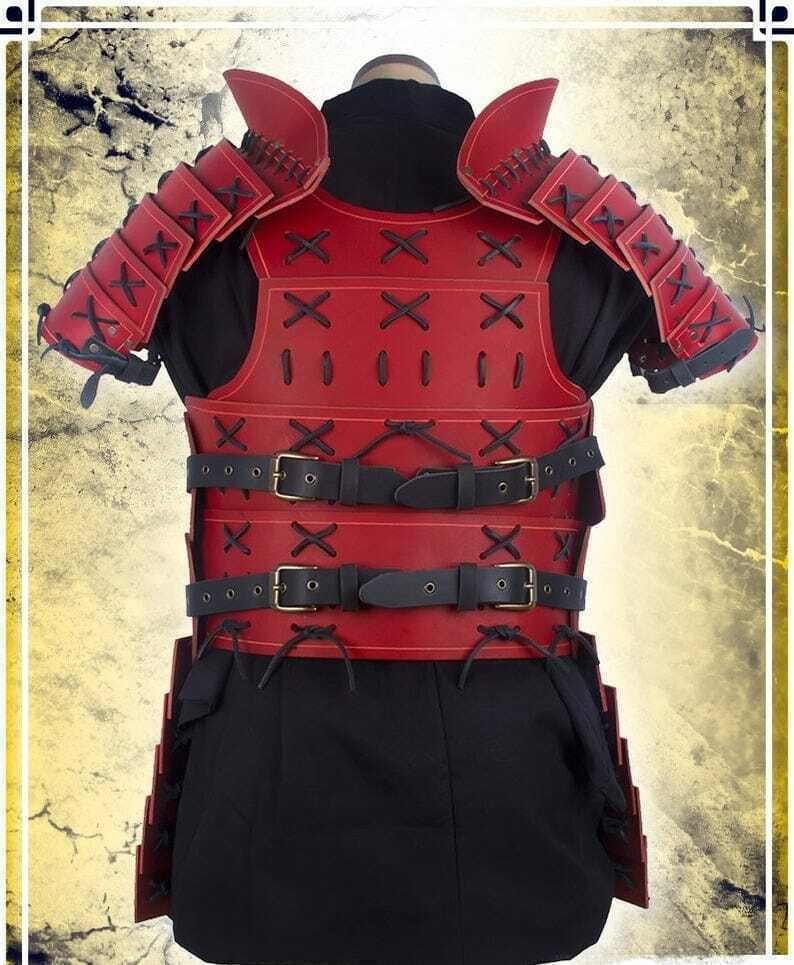 Men's Genuine Leather Medieval Samurai Armor Red and White With Detachable Shoulder Pauldrons & Thigh Armor Tassets For Halloween Theme Cosplay - Luxurena Leather