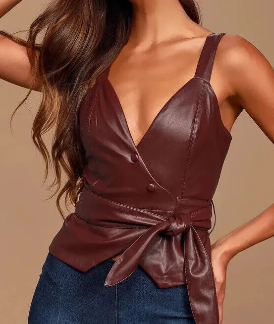 Genuine Women Burgundy Top Casual Leather Stylish Formal Party Handmade