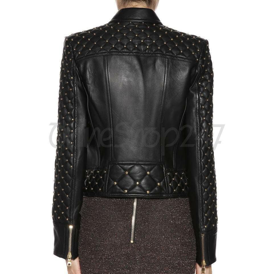 New Woman Balmain Quilted Golden Studded Black Brando Classic Leather Jacket - Luxurena Leather