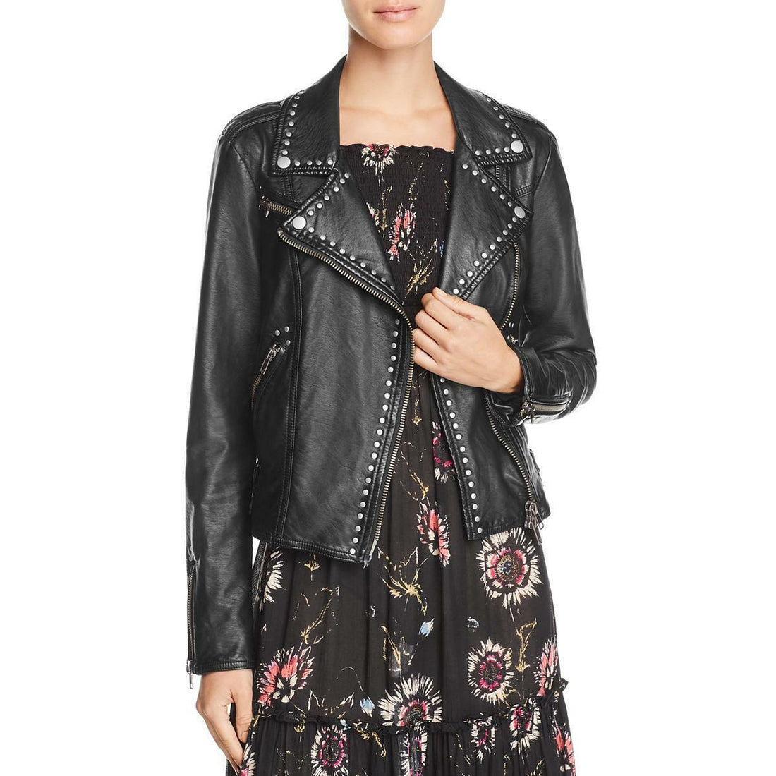 $198 Free People Womens Faux Leather Studded Motorcycle Jacket Black, Large NWOT - Luxurena Leather