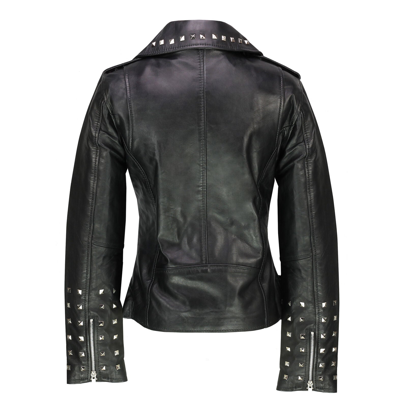 Ladies Women Black Real Leather Studded Biker Brando Style Belted Fitted Jacket - Luxurena Leather