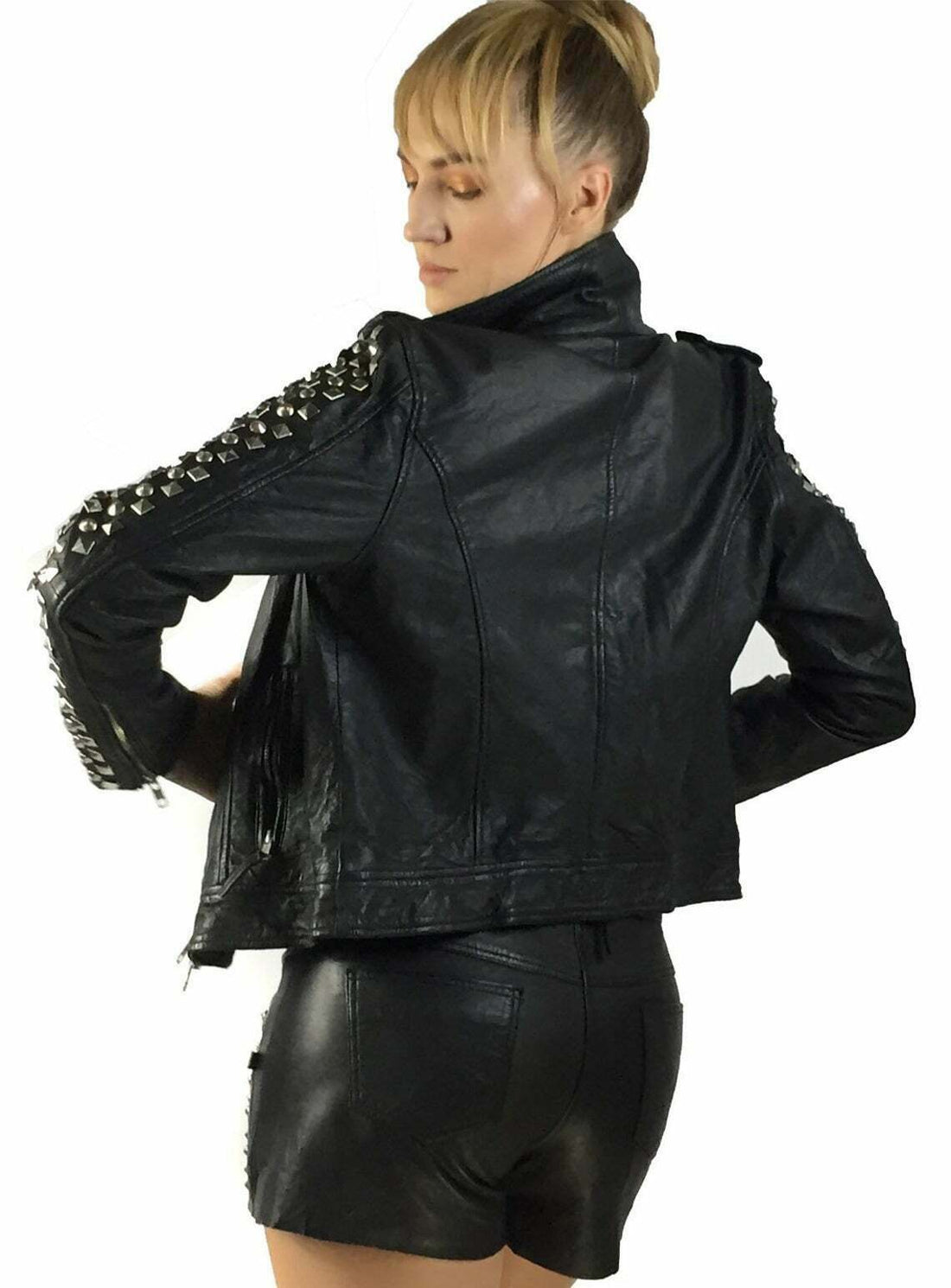 Womens Branded Dome Silver Studded Black Leather Biker Jacket Style Clubwear US - Luxurena Leather