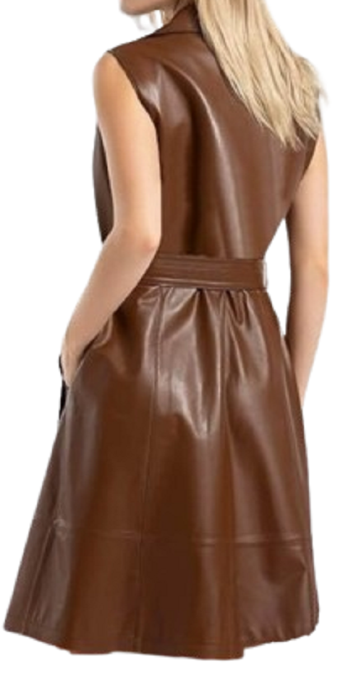 Womens genuine leather Belted Cardigan Coat Lady sleeveless trench coat Jacket