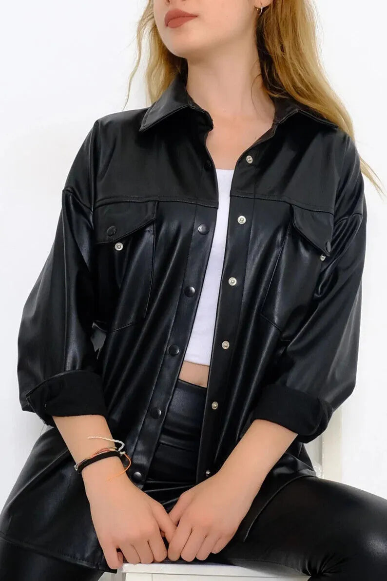 Stylish Black Women's Leather Shirt Genuine Handmade Formal Casual Wear