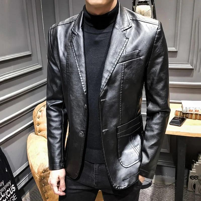 Mens Wedding Casual Formal Dress Blazer Leather Jacket Coat Business Slim Fit