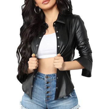 Women's Stylish Casual Black Leather Shirt