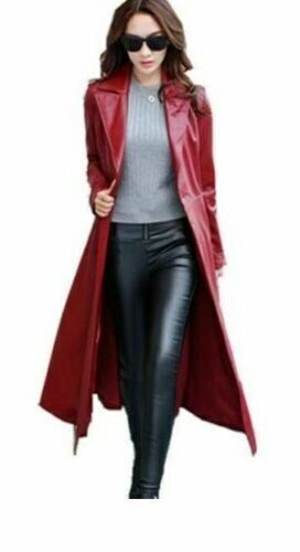 Women's Red Leather Long Coat Soft Overcoat Trench Coat