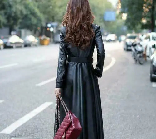 Women's Black Leather Long Coat Soft Overcoat Trench Coat